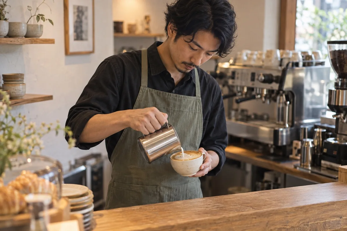 カフェでコーヒーを淹れるスタッフ